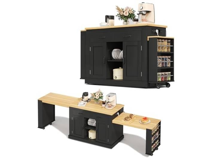 BTM Mobile Kücheninsel mit Arbeitsplatte, Küchenarbeitsplatte, Küchenschrank mit Rollen, Bartisch Ausziehbar mit Stauraum, Schwarz