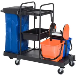 MODFU Reinigungswagen Putzwagen 111x63x103 cm mit Auswringer 2 Ablagen 2x18L Eimer Abfallsack 4 Rollen Metall Schwarz für Profieinsatz