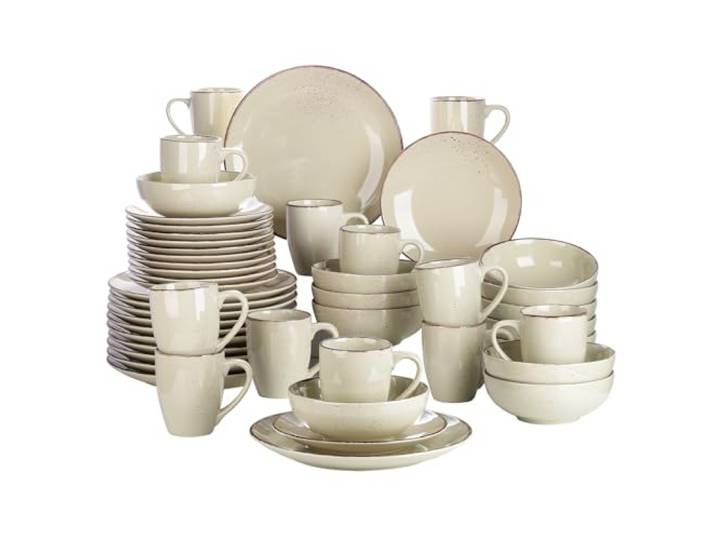vancasso Tafelservice Set für 12 Personen, Navia Geschirrset aus Steingut, 48 teilig Kombiservice mit Speiseteller, Salatteller, Schüsseln und tassen, Vintage Aussehen, Natur Design
