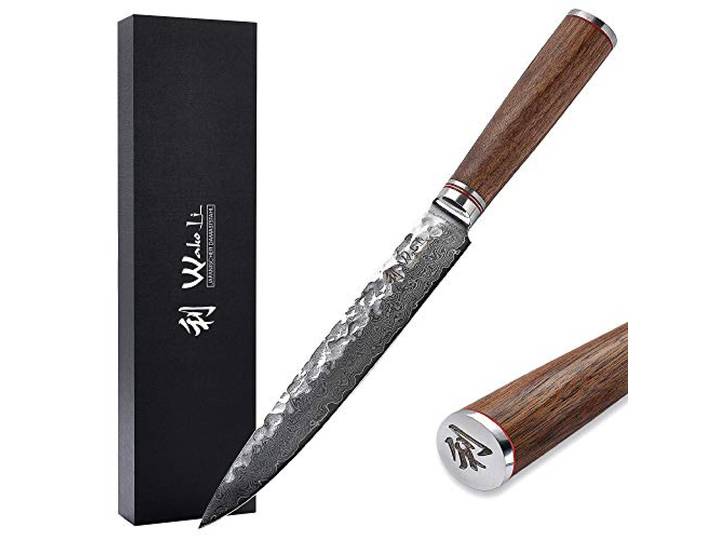 Wakoli Nussbaum Fleischmesser 20 cm Klinge, 67 Lagen Damaststahl, VG10-Kern Hammerschlag, Nussbaumholzgriff, 60 ± 2 HRC und beidseitiger 15° V-Schliff für sauberes Tranchieren von Fleisch und Braten
