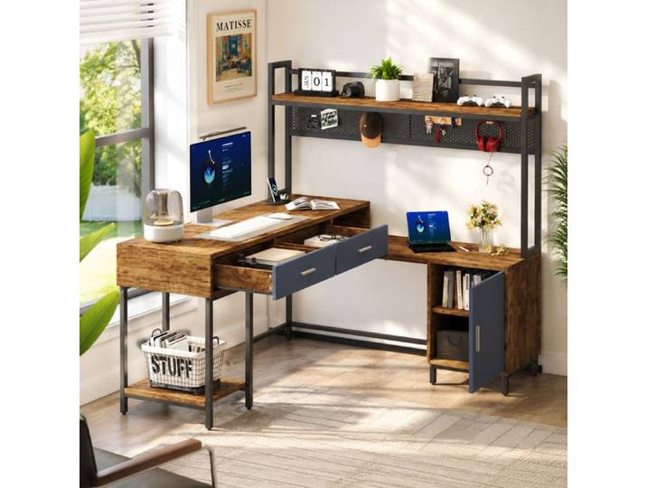 Bureau d'angle Rangement en forme de L industriel 140x140x135 cm acier + MDF 2 tiroirs + étagères + porte grillagée bois + noir