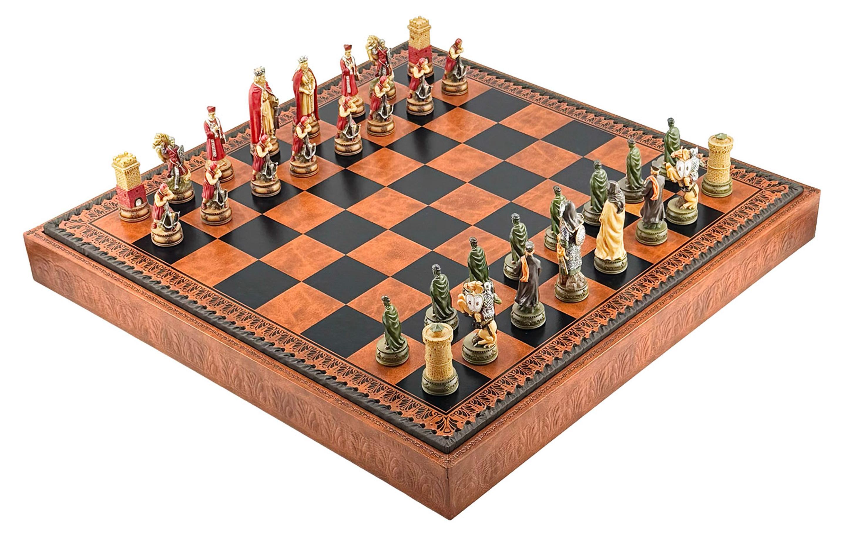 Luxus 3in1 Schachspiel Camelot König Artus Handbemalt Kunstleder 48cm