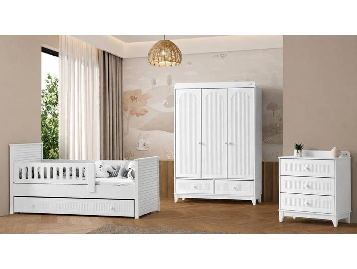 JVmoebel Kinderbett Weißes Kinderzimmer-Set mit Kinderbett Kleiderschrank & Kommode, Made in Europa