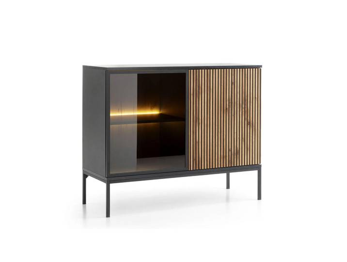 Ravio Moderne Geriffelte Kommode Lagos K2D (Schwarz, Eiche Wotan, Led, Metallfüße, Push to Open), Eiche Wotan, Schwarz, seitenverkehrt montierbar,Rechteckig,Rechteckig, 104x83x39 cm, Kleinmöbel, Kommoden, Kommoden