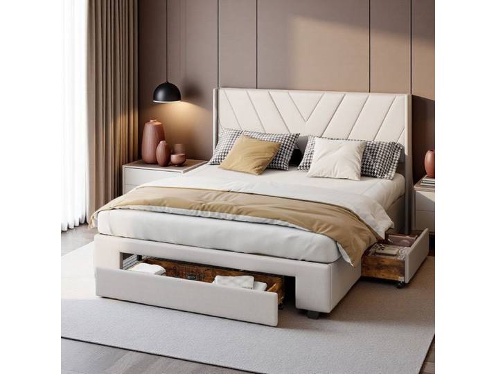 Lit Double 140x200 cm avec Tiroirs de Rangement Design Moderne Capitonnée en Lin Beige Style Gris Clair Lit de Rangement Moderne