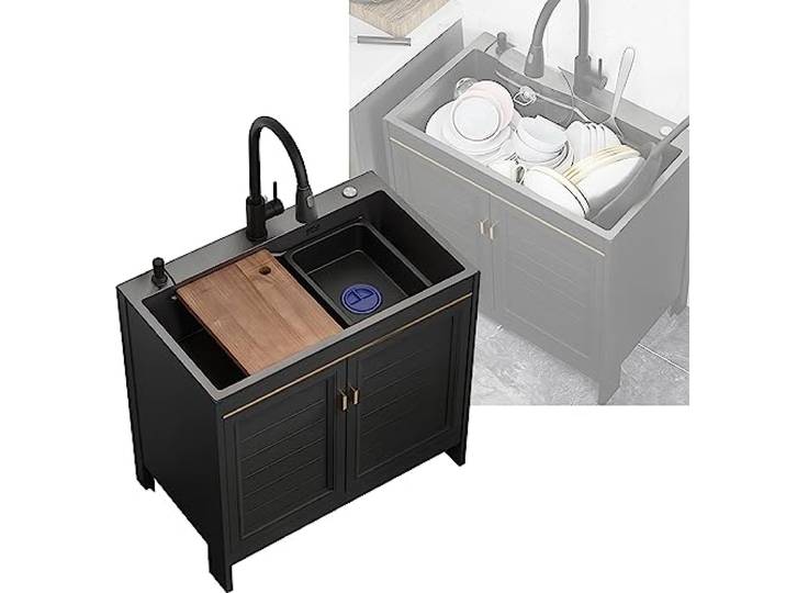 Spüle Schwarz mit Unterschrank, Edelstahl Spülbecken, Spülenschrank mit Armatur, Waschbecken für Küche, Camping- und Outdoor-Waschbecken, mit Ausziehbarem Wasserhahn und Zubehör, für Garten (Color:}