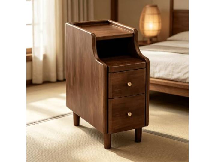 kumamart Nachttisch Massivholz, Schmaler Nachtschrank mit 2 Schubladen Massivholz Nachttisch mit 2 Schubladen auf Metallschienen und offenem Regalfach.(Walnut,11.81in)