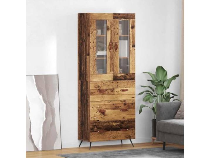 Graues Highboard aus Holzwerkstoff fürs Wohnzimmer mit eleganten Metallfüßen und praktischen Türen für viel Stauraum, gesichert mit Wandhalterungssicherung