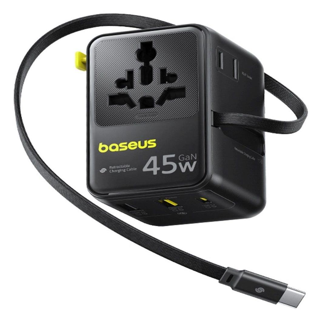 Baseus Adapter podróżny PicoGo AG11 45W 6w1 ze zwijanym kablem USB-C - czarny (6942521203475)