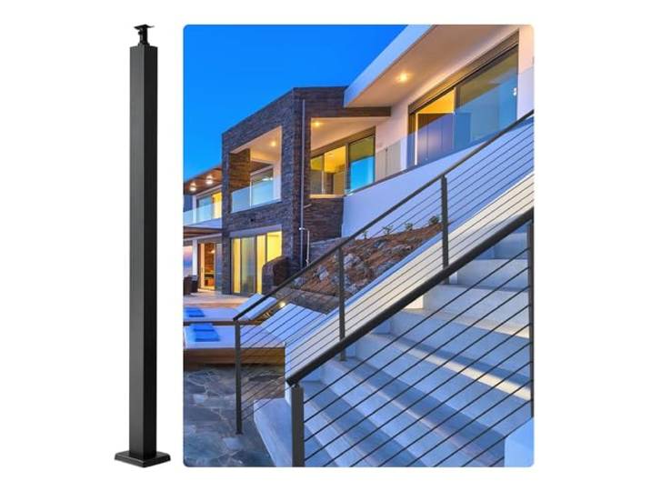 VEVOR Poteau de rampe d'escalier à câble\, 91\,4x5x5 cm\, poteau de garde-corps de pont sans trous\, poteau de main courante d'escalier en acier inoxydable SUS304 avec support horizontal et incurvé\, noir