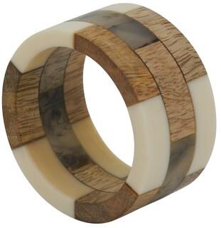 Saro Lifestyle Mango Wood & Resin Napkin Rings (Set of 4) - Modern Block Pattern with Natural Texture