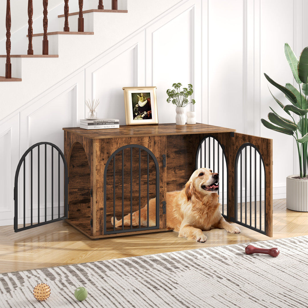 Ebern Designs Dog Crate Furniture, 100 cm Wooden Dog Crate, Indoor Kennel for Small/Medium/Large Dogs, End Side Table Animal Crates, Anti-Chew, Anti-Escape, Arched Rustic Brown