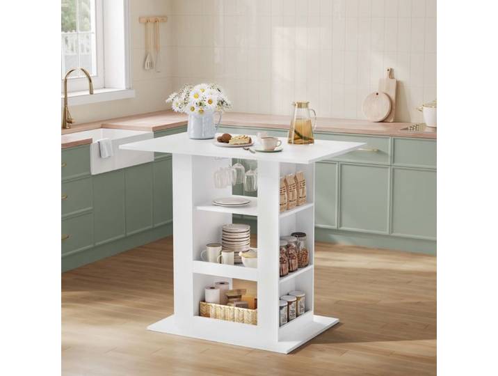 Table Haute Bar WOLTU - Mange Debout avec Rangement - Ilôt Central Cuisine - 105x68x94cm - Blanc