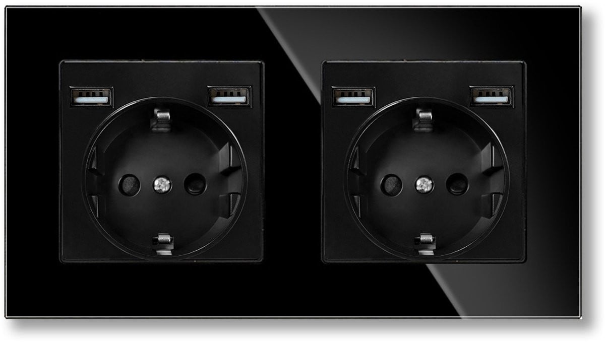 Dubbele Schuko-contactdoos met 4 USB-poorten (2x Type A, max. 2,1A) en gehard glas, zwart, inbouw