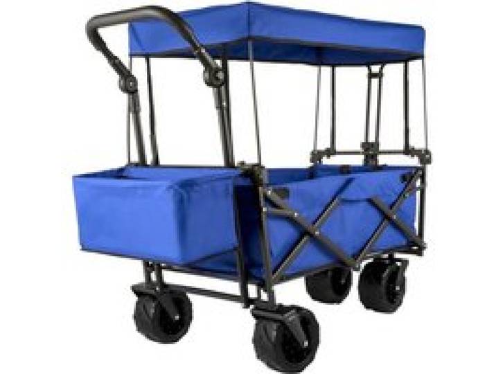 VEVOR Chariot de Jardin Pliable avec 4Roulettes, Chariot Pliable avec Toit Bleu, Remorque de Transport Rangement Pratiques pour Jardin/Plage/Pique-nique/Sport/Camping/Achats/Parc/Pêche/Barbecues