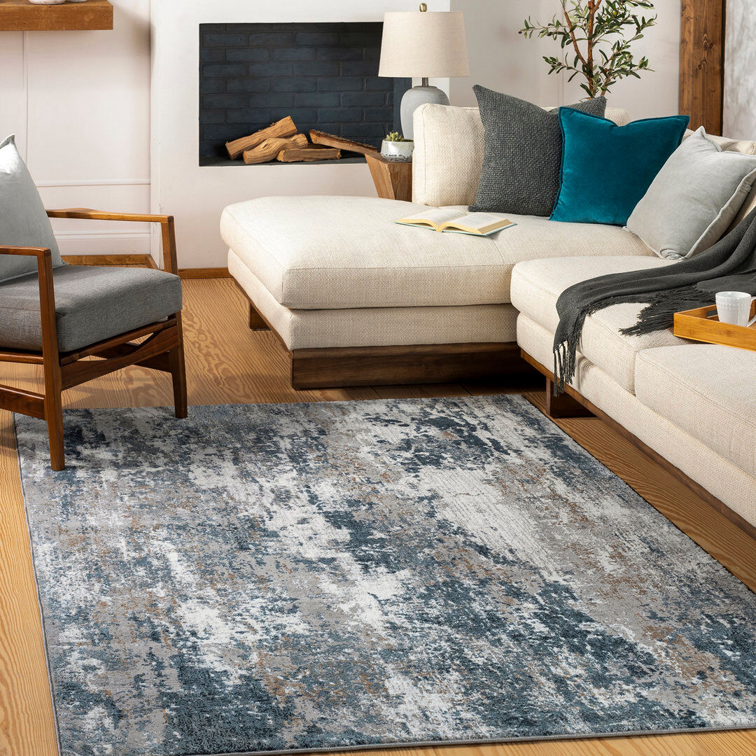 East Urban Home Allegro-Abstract Modern Marble Look Living Dining Bedroom Rug Ivory, Sky Blue, Medium Gray, Tan, Light Gray Rectangle 200 x 275 cm