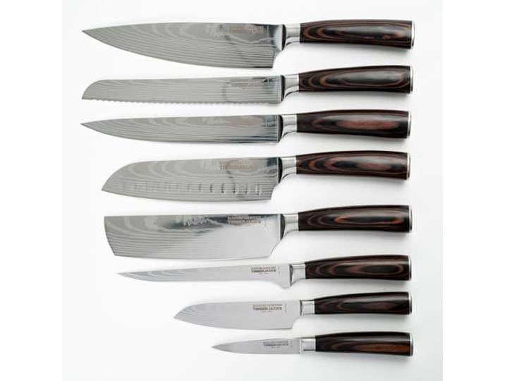 Timberjacks Küchenmesser-Set, 8-teilig, Edelstahl mit Pakka-Holzgriff, Damaskus-Optik, Profi-Messerset inkl. Kochmesser, Santoku, Brotmesser uvm.