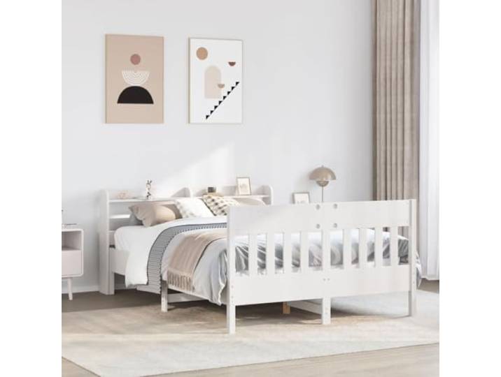 RJPLMFV Bettgestell, massives Kiefernholz, Weiß, 160 x 200 cm Mit Kopfteil, 3 Regalböden, Lattenrost inklusive, ohne Matratze