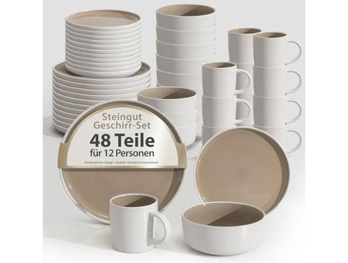 Hausfelder Steingut Geschirrset 48-teilig, 12 Personen, Shadow Stone 48-teiliges Tafelservice aus Steingut, Schüsseln & Teller, für 12 Personen