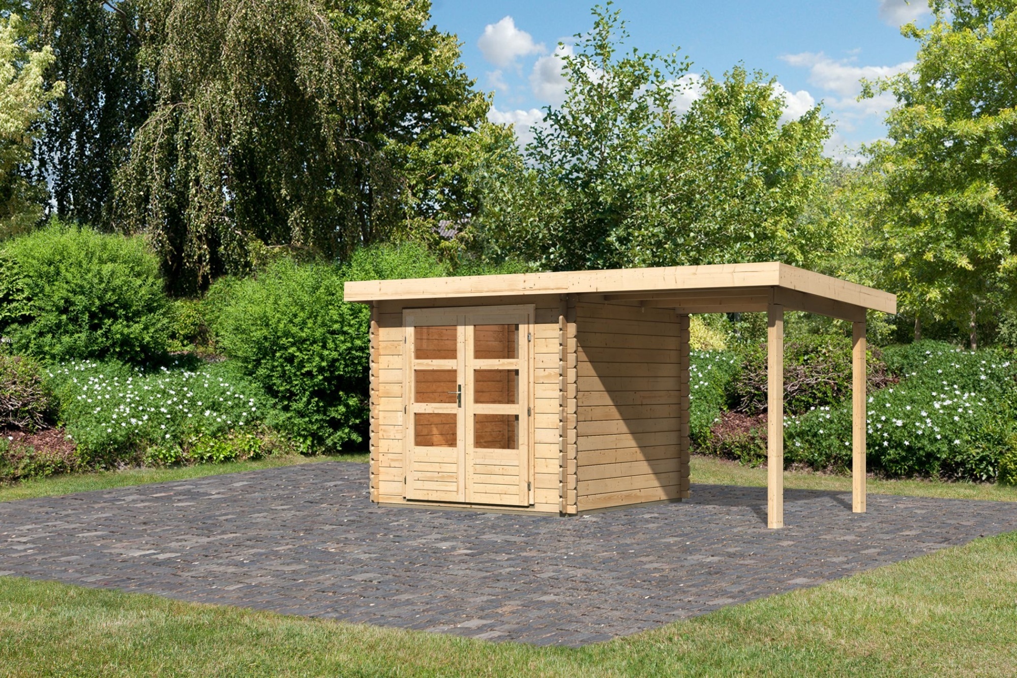 Gartenhaus Blockbohlenhaus Gerätehaus Bastrup 2 im Set mit Anbaudach 2 m breit naturbelassen 419x237x217 cm
