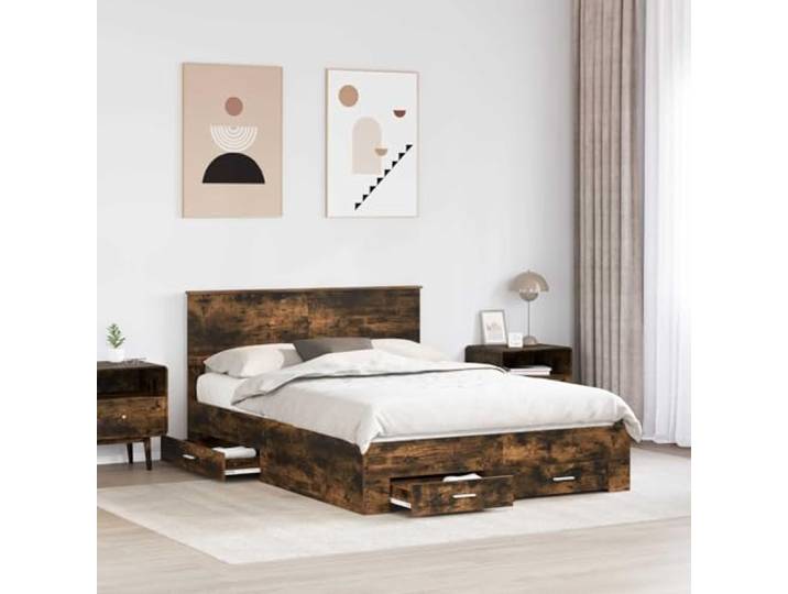 KTHLBRH Bettgestell Eiche Rauchgrau 140 x 200 cm mehrschichtiges Holz Mit Kopfteil, Schubladen, Lattenrost, einfach zu montieren
