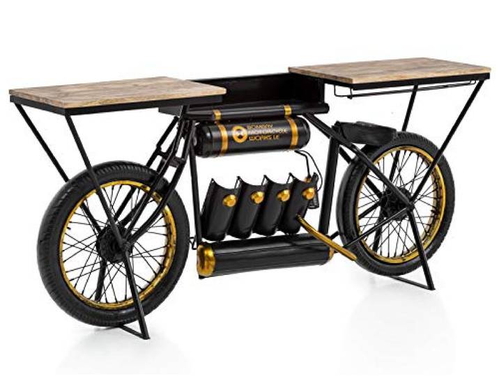 Woodkings Motorrad Bar Bombay Konsolentisch Hausbar mit Flaschenregal, Bufett, Bartisch, Barregal, Präsentationstisch
