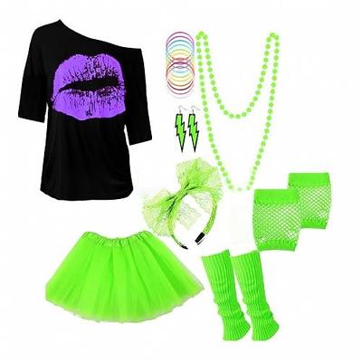 Damen 80er Kostüme Outfit 1980er T-Shirts Accessoires Set T-Shirt Tutu Rock Ohrringe Halskette Armbänder Netzhandschuhe Stulpen Stirnband 8-tlg Schlager Outfit