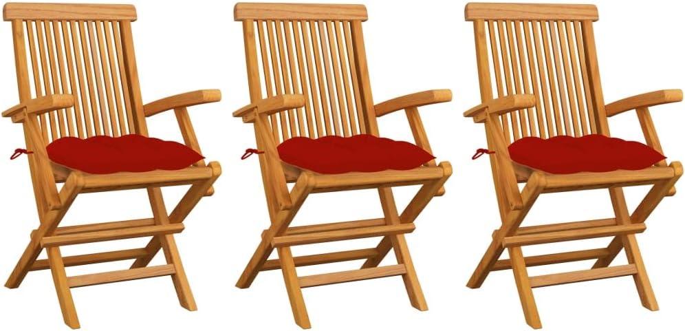 Gartenstühle mit Roten Kissen 3 STK. Massivholz Teak,Möbel,Gartenmöbel,Gartensitzmöbel,Gartenstühle,23.8KG,3062535