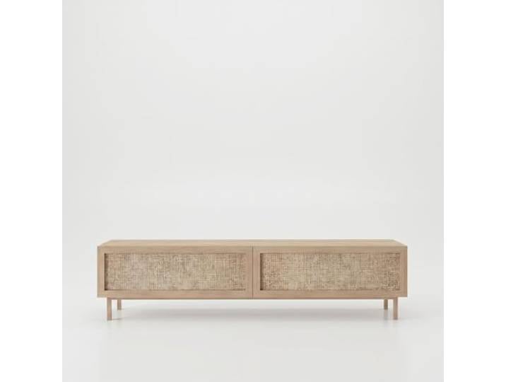 Hanah Home Modern Oak TV Stand, 180 cm, 100% Melamine Coated, Beech Wood Legs, Rattan Jute Doors Scandinavian Design, Elegant & Functional