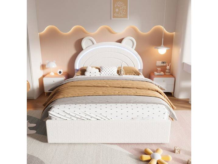 Lit fille 140x200 cm - Lit rembourré double avec LED et 4 tiroirs - velours beige