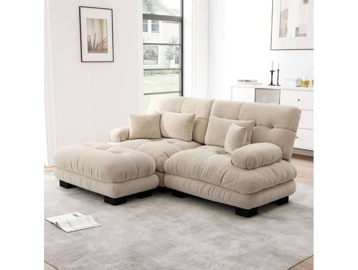 Canape D Angle En Chenille Beige Clair Sofa Modulaire FloraGrace Pour Salon Avec Ottoman Mobile 220x145x81cm