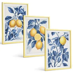 BILDER SET 3er Set - 40x60 cm Goldrahmen - Zitronenzweige mit blauen Blättern