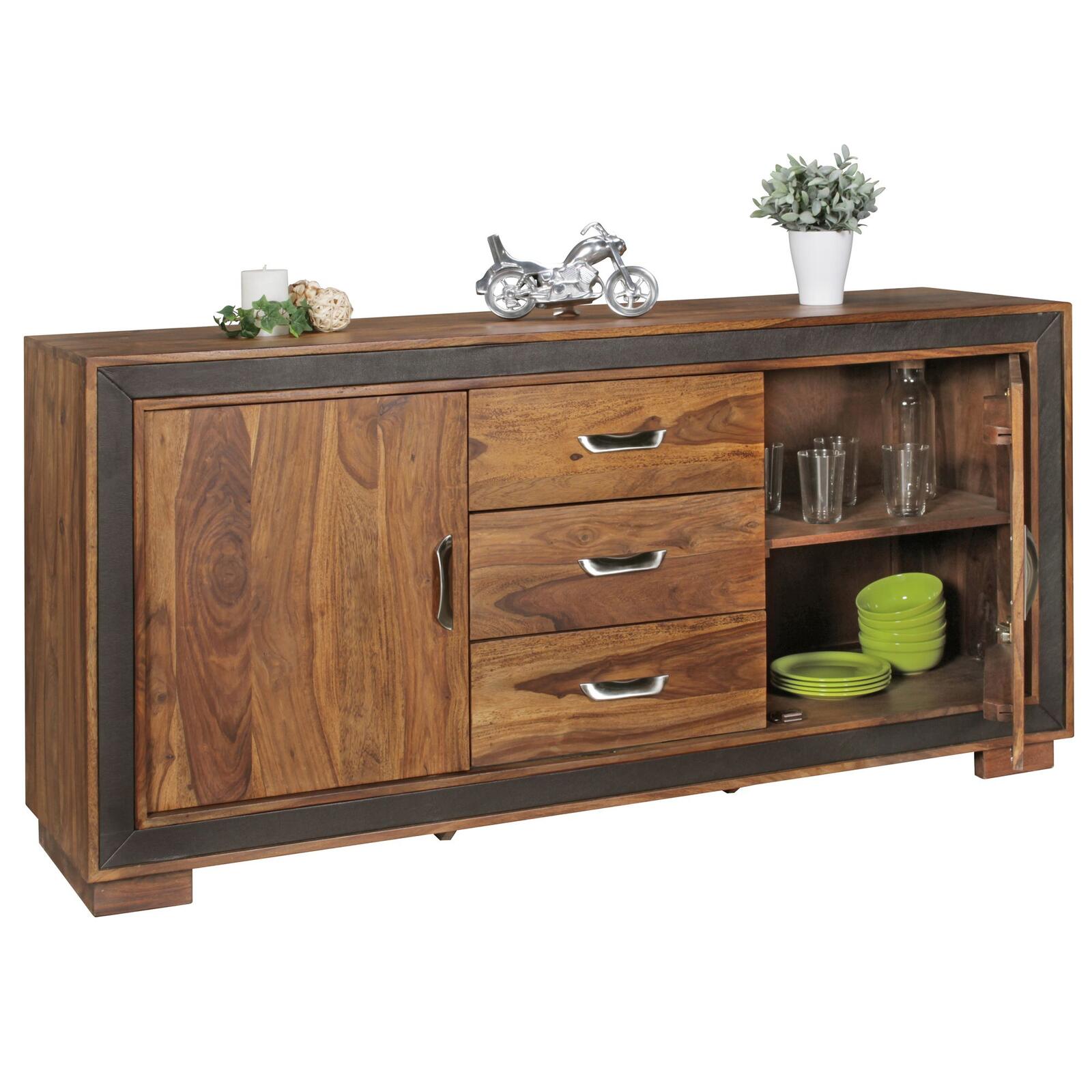 WOHNLING Design Sideboard Sheesham Massivholz mit Kunstleder 160x44x80 cm WL5.193