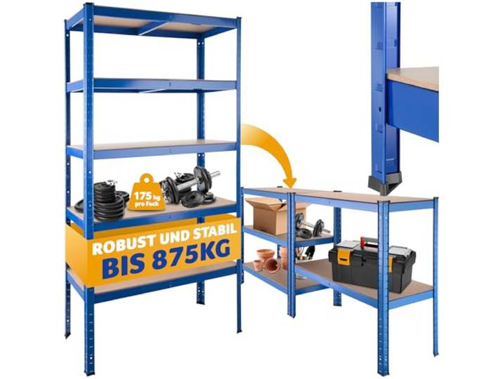 tectake® Lagerregal, Schwerlastregal 180x90x40 cm, Metallregal zu Werkbank Arbeitstisch umbaubar, Möbel für Werkstatteinrichtung, als Regal Keller, Abstellraum Ordnungssystem - Belastbarkeit 875 kg