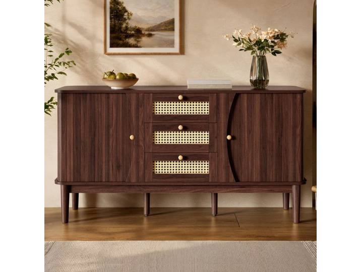 Comfyu - Buffet en rotin 141x40x77 cm avec 2 portes coulissantes et 3 tiroirs idéal pour le salon/cuisine/salle à manger - Noyer