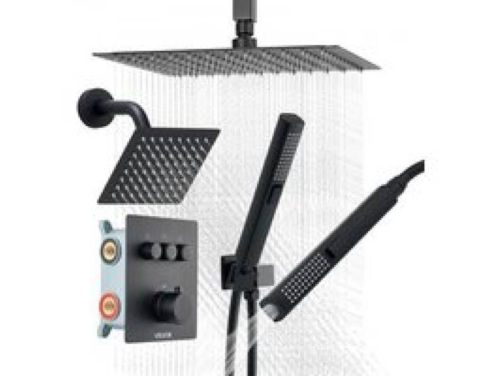 VEVOR Duschsystem-Set mit 12 Zoll Regenduschsystem / 6 Zoll Wandmontagekopf / 2 in 1 Handbrause, drehbarem Doppelregenkopf (3 Funktionen), Messingventil Verkleidungssatz, Mattschwarz thermostatisch