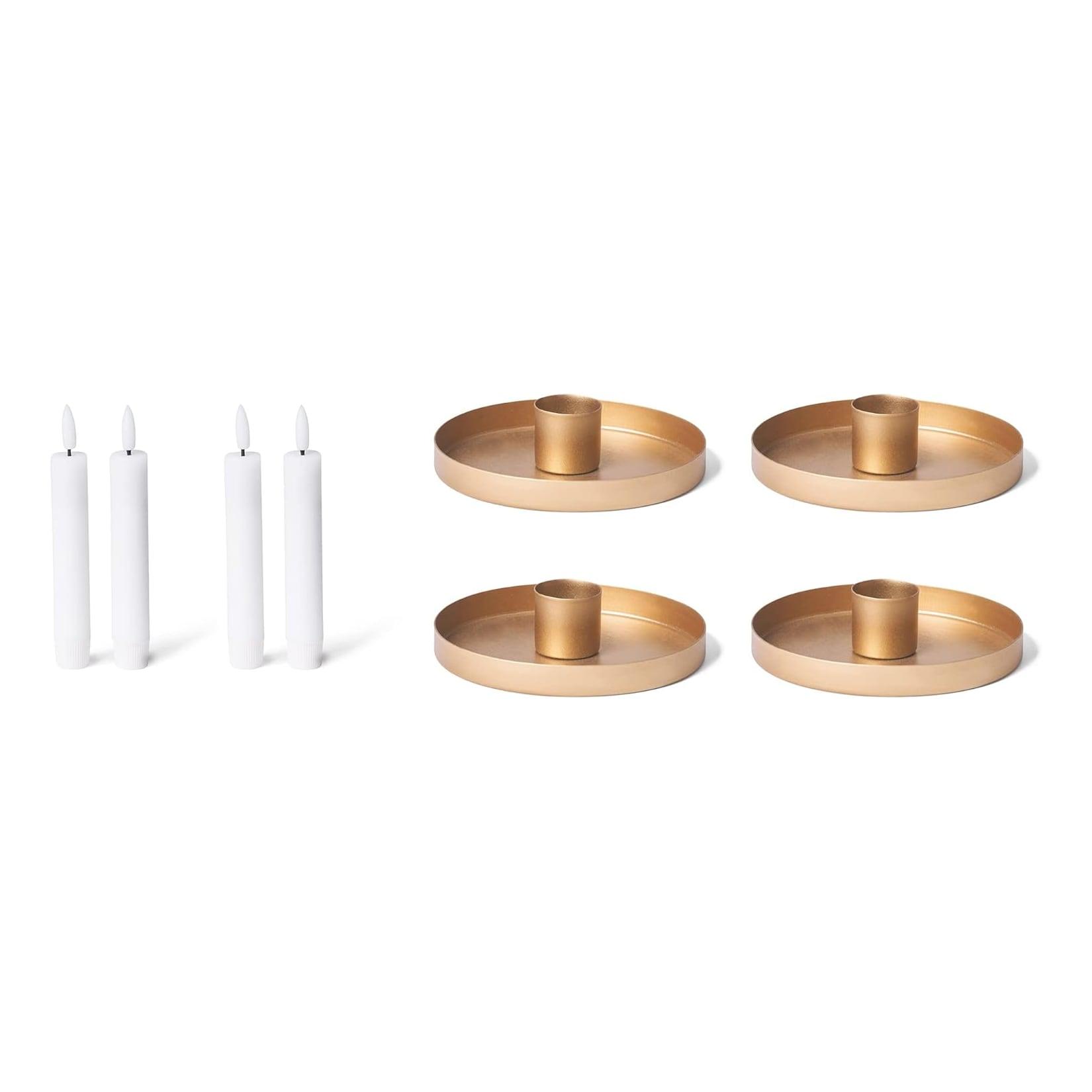 4X Kerzenhalter 9cm Metall Stabkerzenhalter Kerzenteller Gold mit Stabkerzen LED flammenlos batteriebetrieben Tafelkerzen Kerzenständer Candle Holder weihnachtliche Tischdekoration