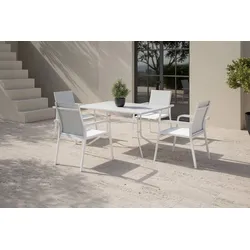 KETTLER Boulevard/Basic Plus Gartenessgruppe, weiß/hellgrau, Aluminium, Klapptisch 140 x 95 cm, 4 Stapelsessel