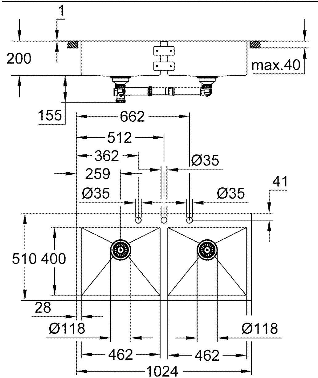 Grohe K800 Edelstahl-Einbauspüle 102,4 x 51 cm mit 2 Becken