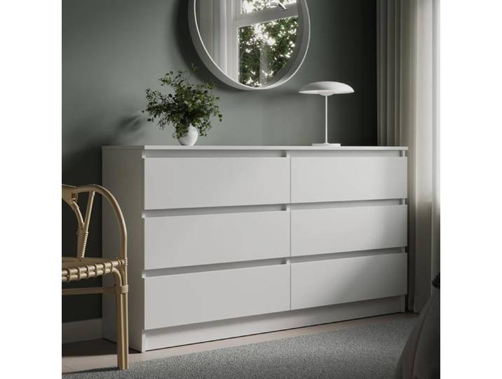 Commode blanche avec 6 tiroirs - 140x35x78 cm - Commode de chambre style scandinave - Meuble de chambre - Blanc