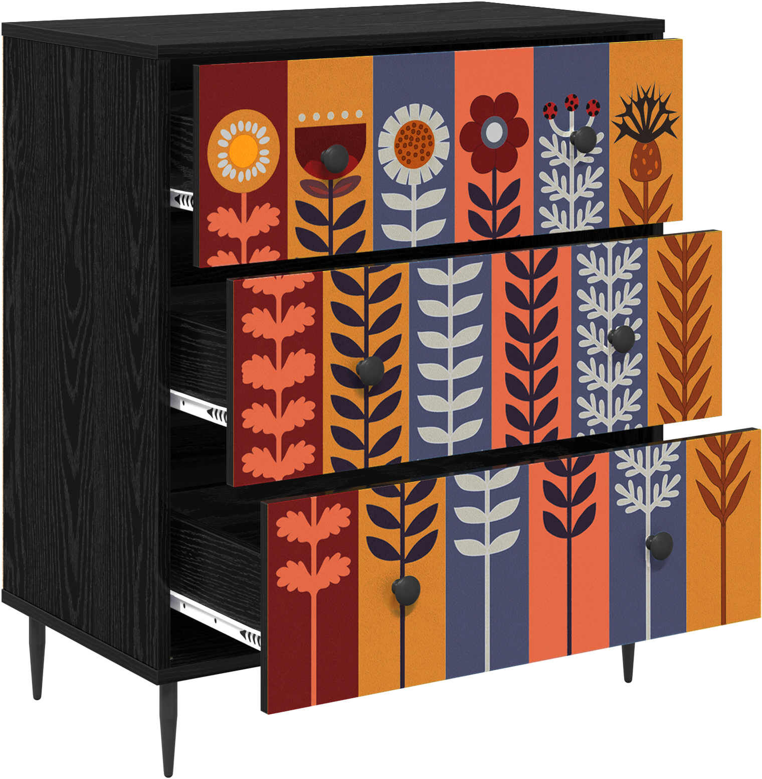vidaXL Commode ESSEN Imprimé tournesol 66 x 36,5 x 76 cm Chêne noir