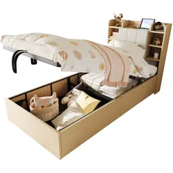 Holzbett 90x200 cm mit hydraulischem Bettkasten und USB- sowie Type-C-Anschluss–natürliche Holzfarbe und vielseitiger Stauraum