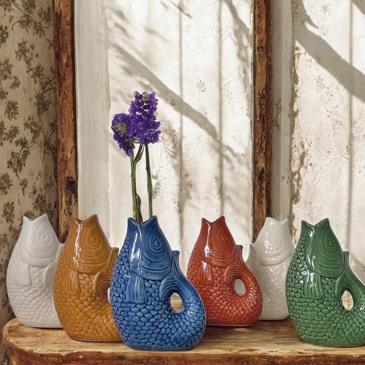 Decoratieve Vis Vaas in Kaki - Keramieken Aardewerk Vaas - Hoogte: 12 cm