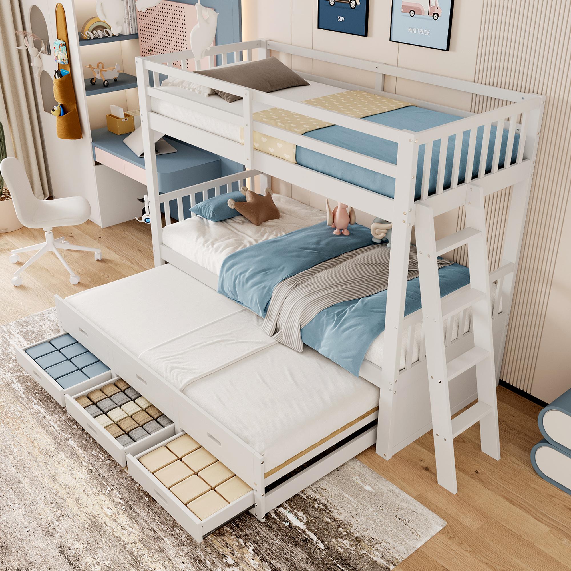 MODFU Etagenbett Kinderbett 90x200 mit ausziehbarem Bett,Bettgestell mit Leiter und 3 Schubladen,aus Kiefernholz und MDF,Weiß (ohne Matratze)