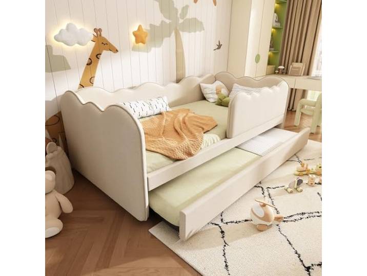 Bellemave Kinderbett 90x190 mit Ausziehbett,Polsterbett Beige Leinen-Polsterbezug,Inklusive Lattenrost,ausziehbares Zusatzbett, wolkenförmiges Design,belastbar bis 150 kg