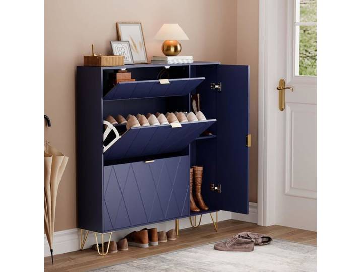 GOOBUY Armoire à Chaussure Inclinable Meuble à Chaussure Rangement Chaussure Etagère Caché et Cabinet Botte (Bleu Marine)