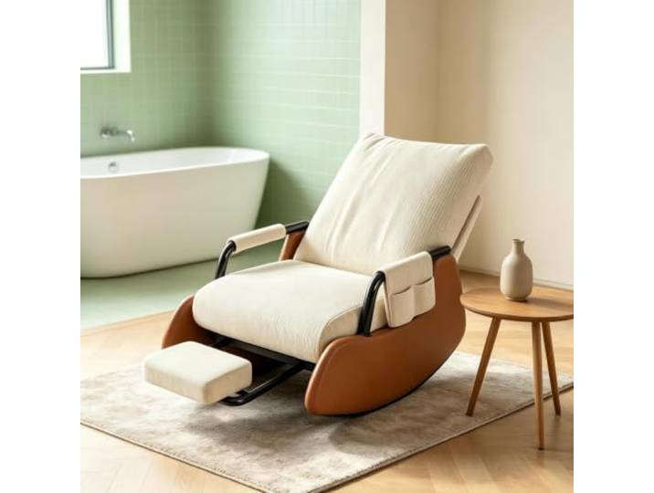 kumamart Relaxsessel mit Hocker mit Ausziehbarer Fußstütze Wohnzimmersessel mit harmonischer Wippfunktion und durchdachter Seitenaufbewahrung.