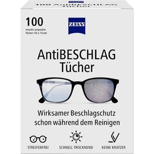 ZEISS Brillenputztücher Anti-Beschlag-Tücher, feucht, 13x 15 cm, aus Zellstoff, mit Antibeschlagwirkung, 100 Stück