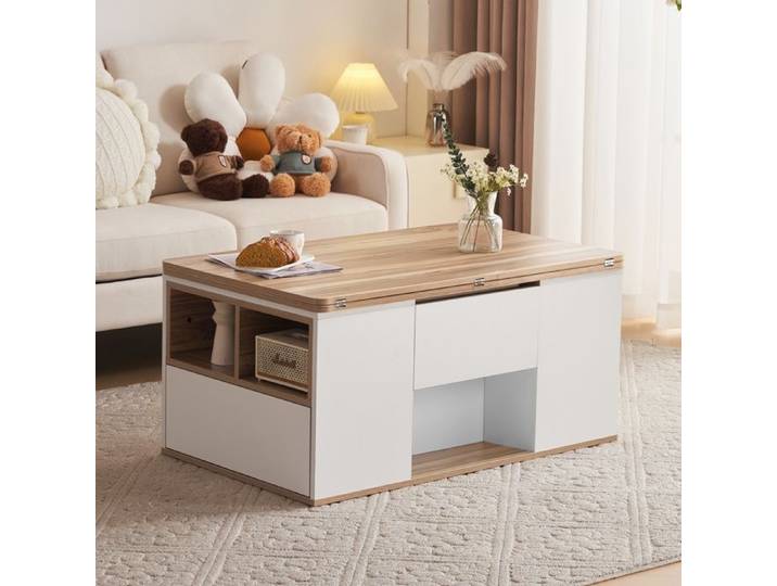 Table basse-table multifonction relevable s'ouvre sur 2 tables - blanc + couleur bois D'origine - grande capacité