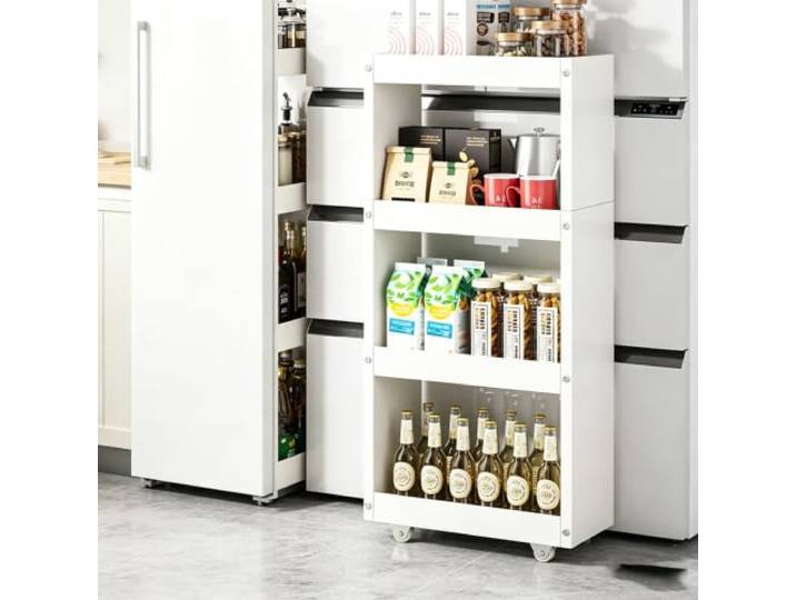 Schmales Küchenregal mit Rollen, Nischenwagen für Küche, Bad & Haushalt Platzsparendes Design, Robuste Bauweise, Mobile Aufbewahrung, Vielseitig Einsetzbar(WHITE,4Tier 98x45x12cm)